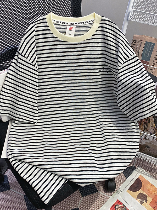 Summer Clothing Outlet - Unisex Pure Cotton Striped Short Sleeve