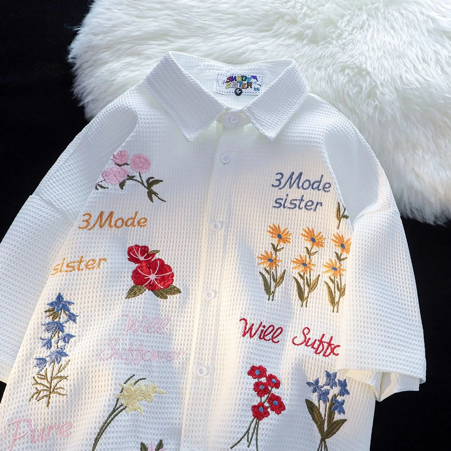 Waffle Floral Embroidery Shirt - Summer Holiday Clothing Women recension och pris