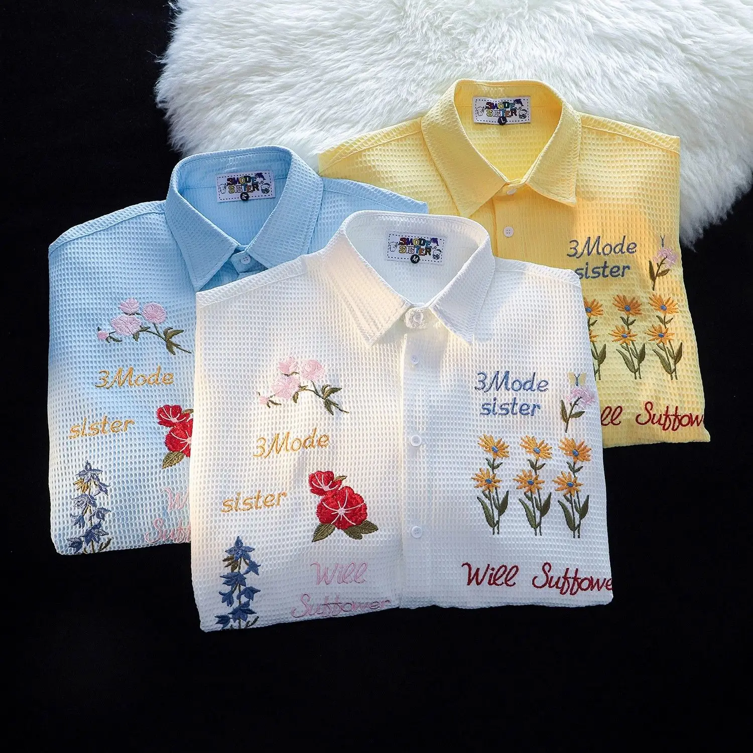 Waffle Floral Embroidery Shirt - Summer Holiday Clothing Women recension och pris